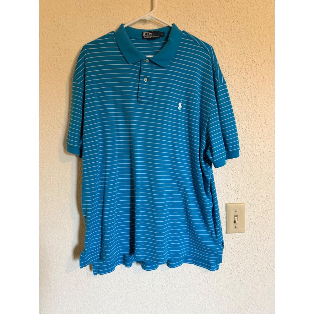 Polo Ralph Lauren Mens XL Blue White Striped Short Sleeve Cotton Polo‎ Shirt
